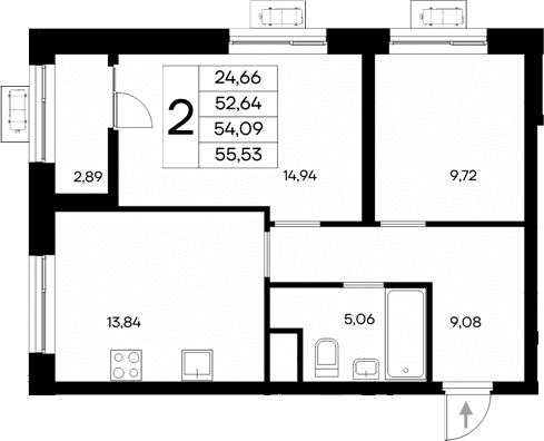 2-комн., 52.64 м²