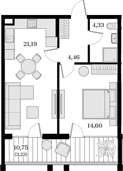 1-комн., 44.58 м²
