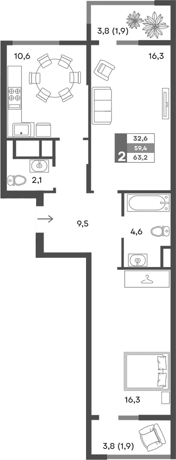 2-комн., 59.4 м²