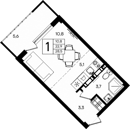 Студия, 22.9 м²