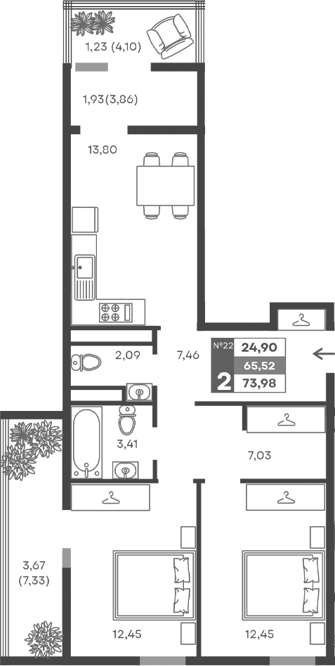 2-комн., 58.69 м²