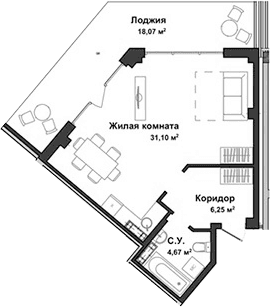 Студия, 42.13 м²