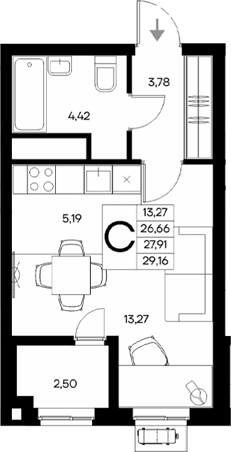Студия, 26.66 м²
