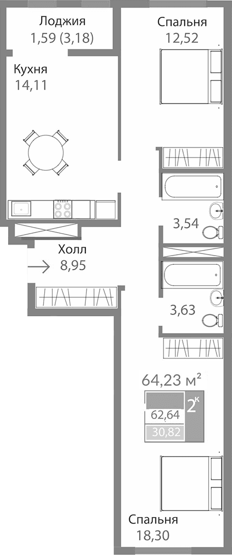 2-комн., 61.05 м²