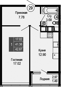1-комн., 41.38 м²