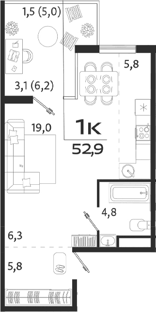 Студия, 40.9 м²