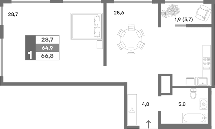 1-комн., 64.9 м²