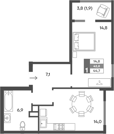 1-комн., 42.8 м²