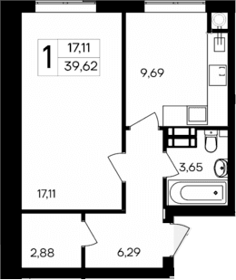 1-комн., 39.62 м²