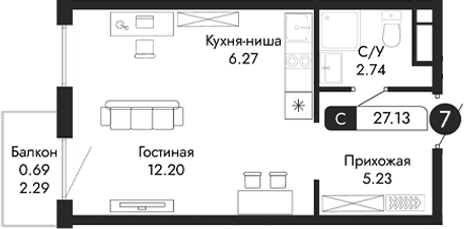 Студия, 26.44 м²