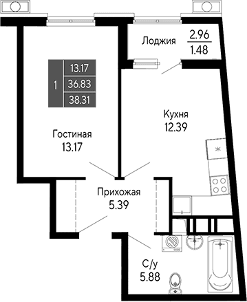 1-комн., 36.83 м²