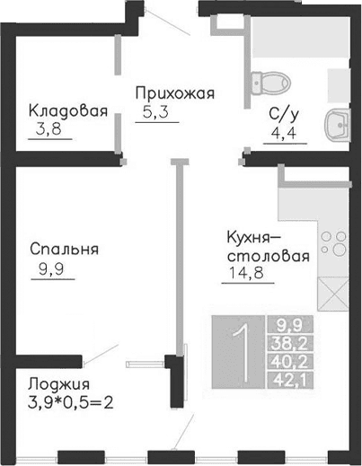 1-комн., 38.2 м²