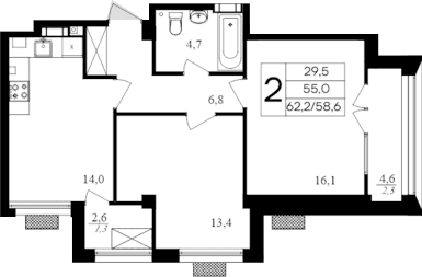 2-комн., 55 м²