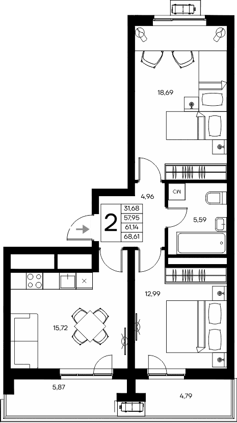 2-комн., 57.95 м²