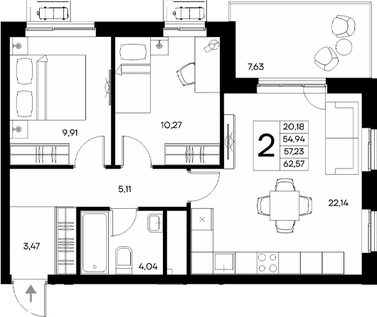 2-комн., 54.94 м²