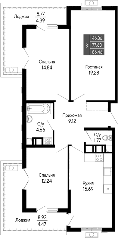 4-комн., 77.6 м²