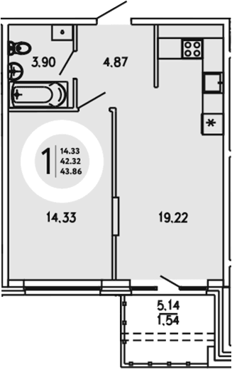 1-комн., 42.32 м²
