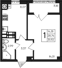 1-комн., 28.74 м²