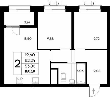 2-комн., 52.24 м²