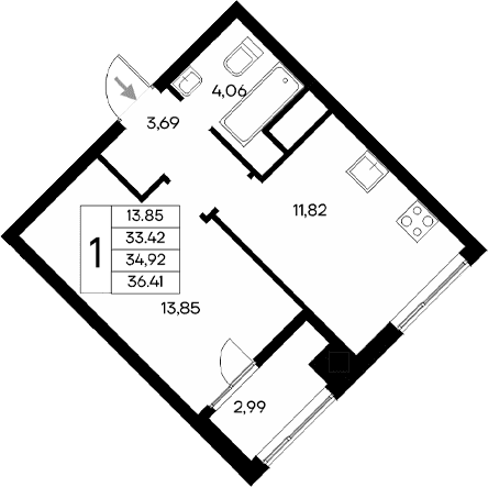 1-комн., 33.42 м²