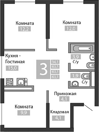 3-комн., 63.1 м²