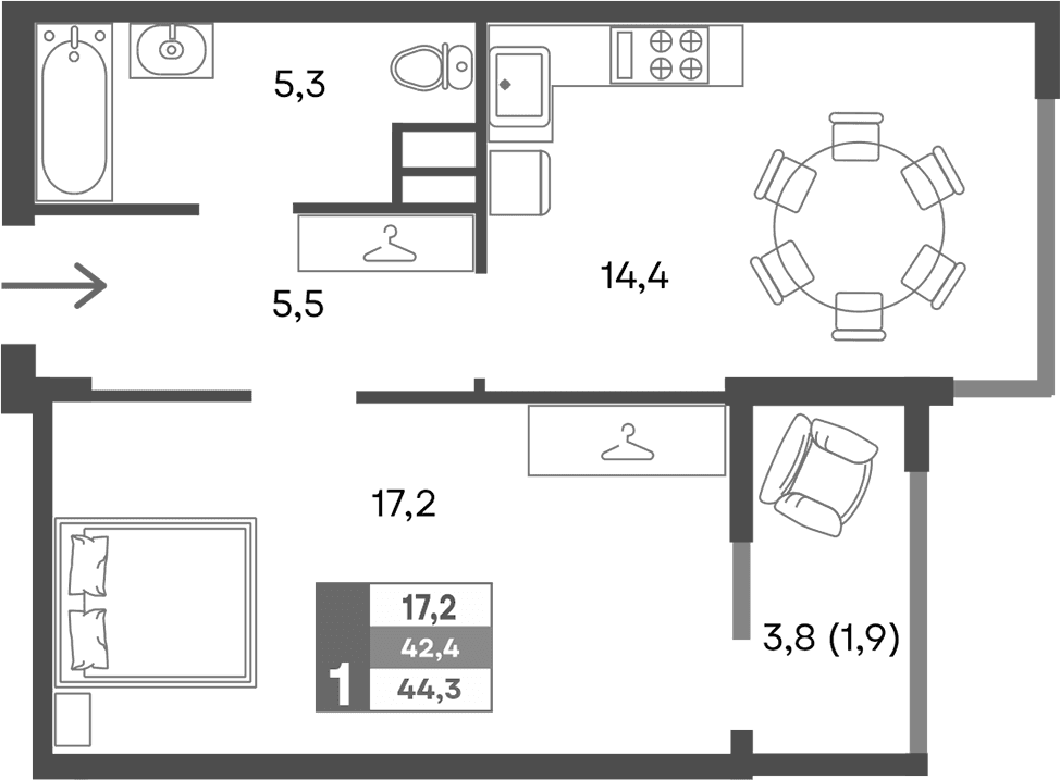 1-комн., 42.4 м²