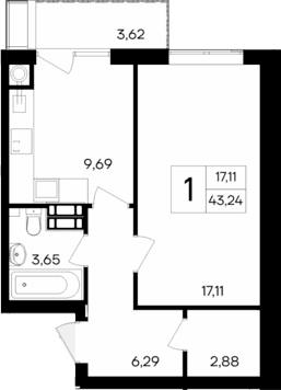 1-комн., 39.62 м²