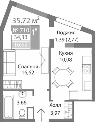 1-комн., 34.33 м²