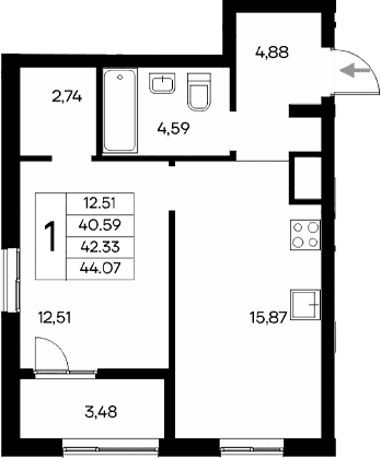 1-комн., 40.59 м²