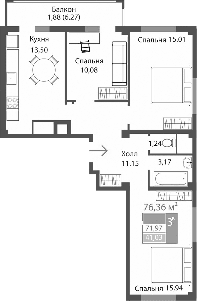 3-комн., 70.09 м²