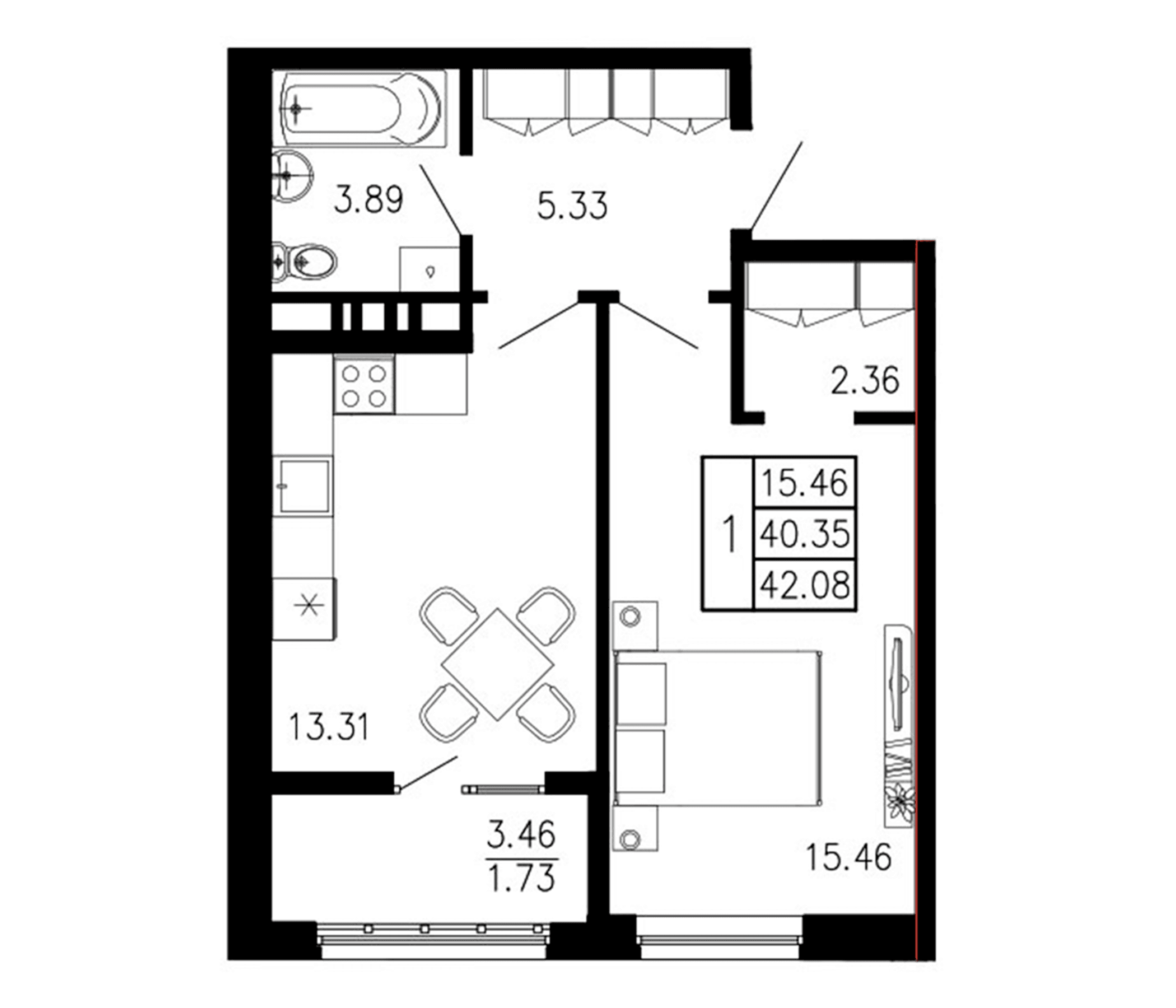 1-комн., 40.35 м²