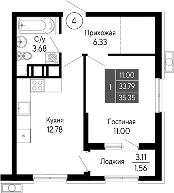 1-комн., 33.79 м²