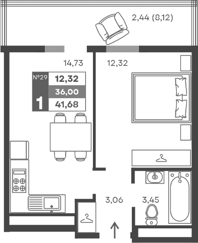 1-комн., 33.56 м²