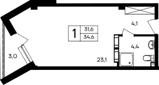 Студия, 31.6 м²