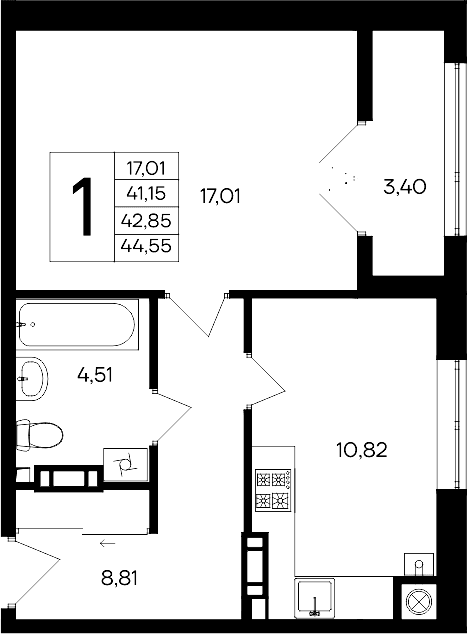 1-комн., 41.15 м²
