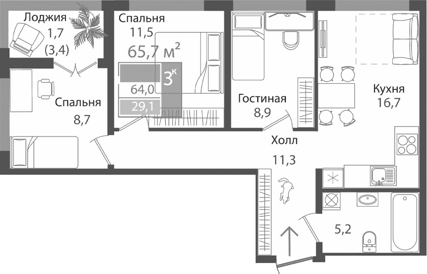 4-комн., 62.3 м²