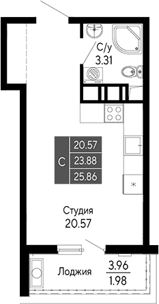 Студия, 23.88 м²