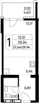 Студия, 27.64 м²