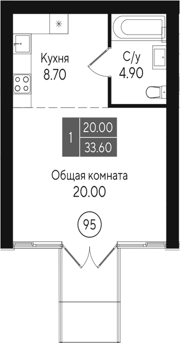 Студия, 33.6 м²