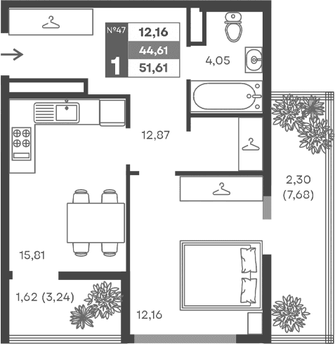 1-комн., 40.69 м²