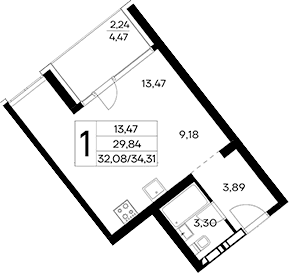 Студия, 32.07 м²
