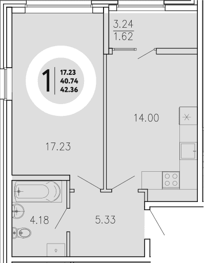 1-комн., 40.74 м²