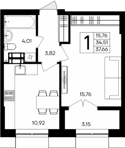 1-комн., 34.51 м²