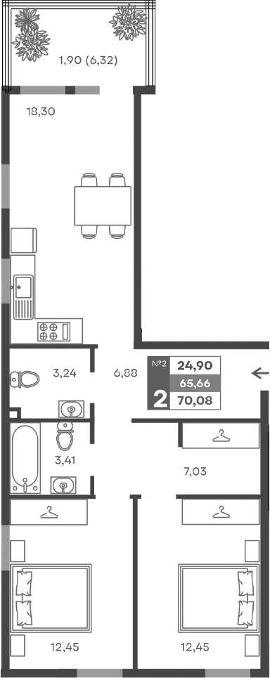 2-комн., 63.76 м²