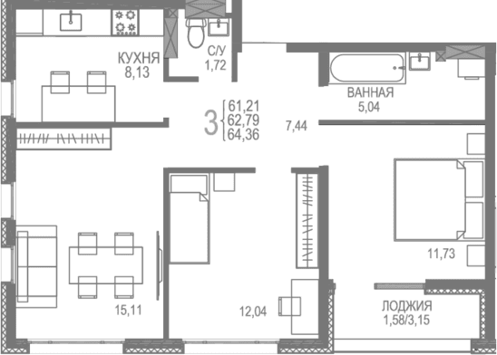 3-комн., 62.78 м²