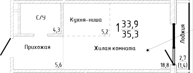Студия, 33.9 м²