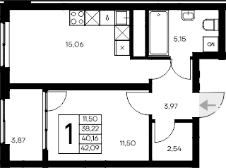 1-комн., 38.22 м²