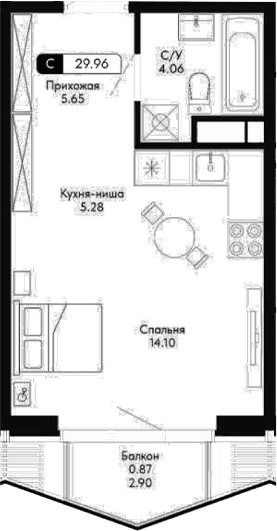Студия, 29.09 м²