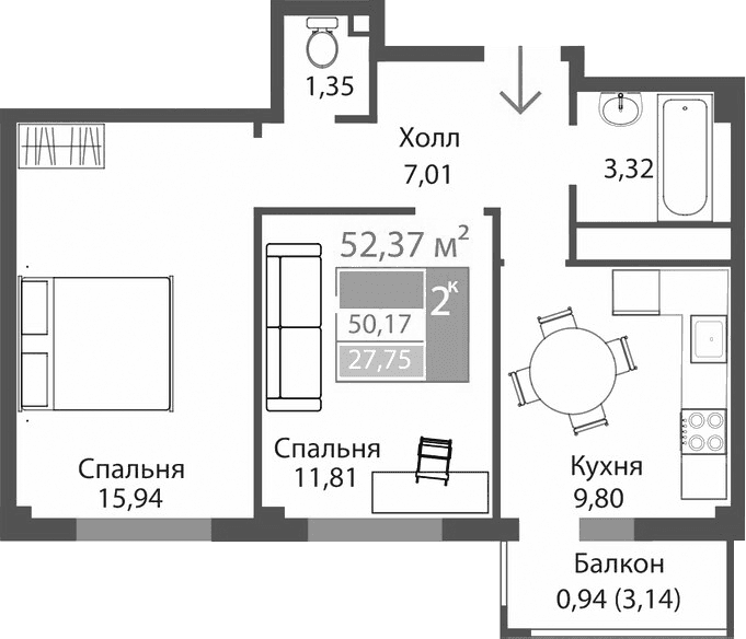 2-комн., 49.23 м²