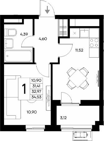 1-комн., 31.41 м²